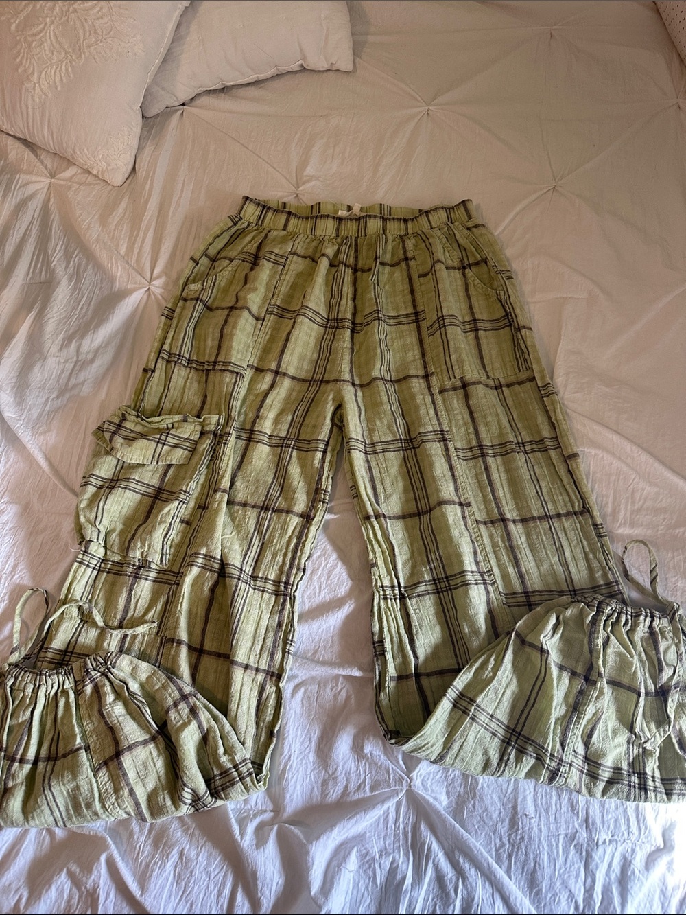Light Green and Brown Plaid Drawstring Hem Wide Leg Pants